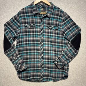 ONeill Mens Flannel Shirt Large Turquoise Grey Plaid Elbow Patches Cotton L